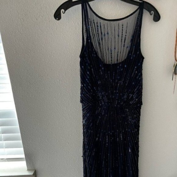 Aidan Mattox High Neck Navy Beadded Floor Length Dress - Dress for Wedding Guest - Picture 7 of 9